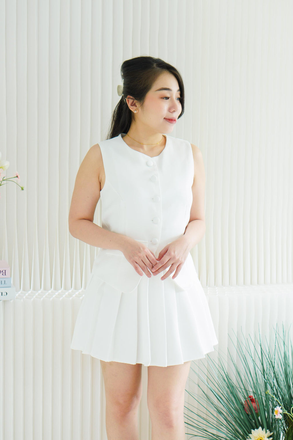 Bryla Vest and Pleated Skirt 2 Piece Set in White