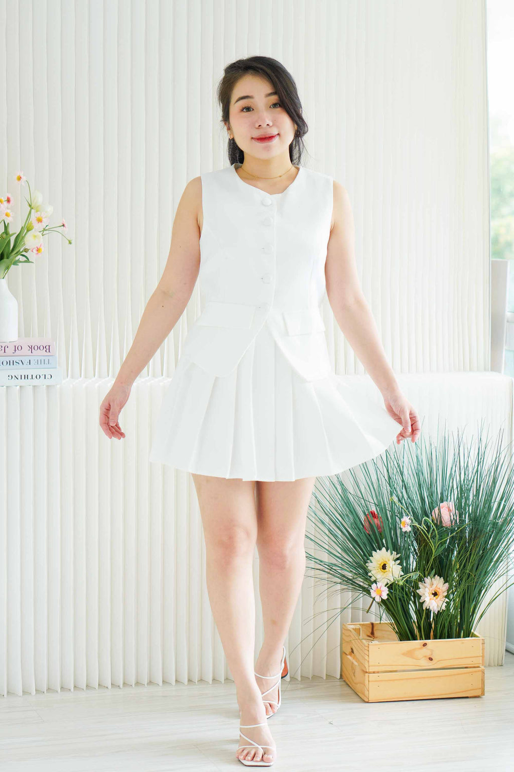 Bryla Vest and Pleated Skirt 2 Piece Set in White
