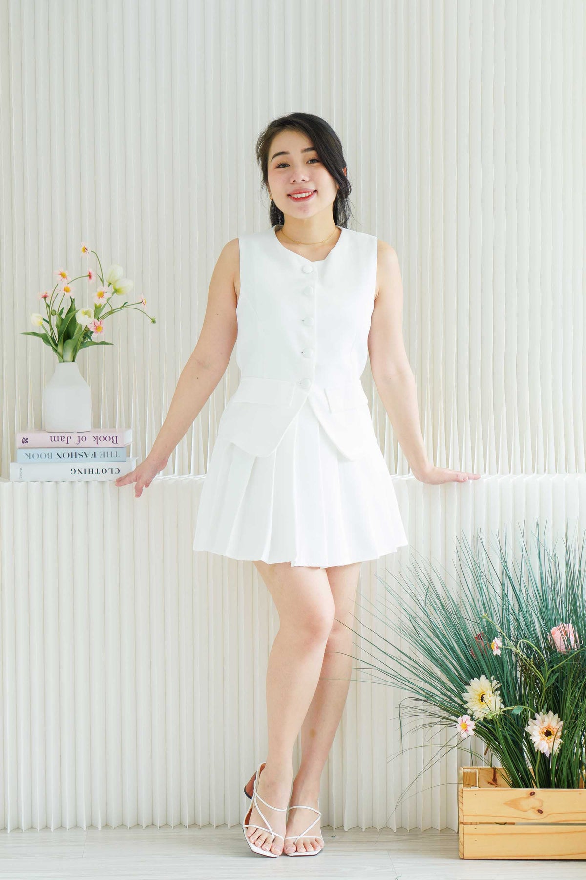 Bryla Vest and Pleated Skirt 2 Piece Set in White