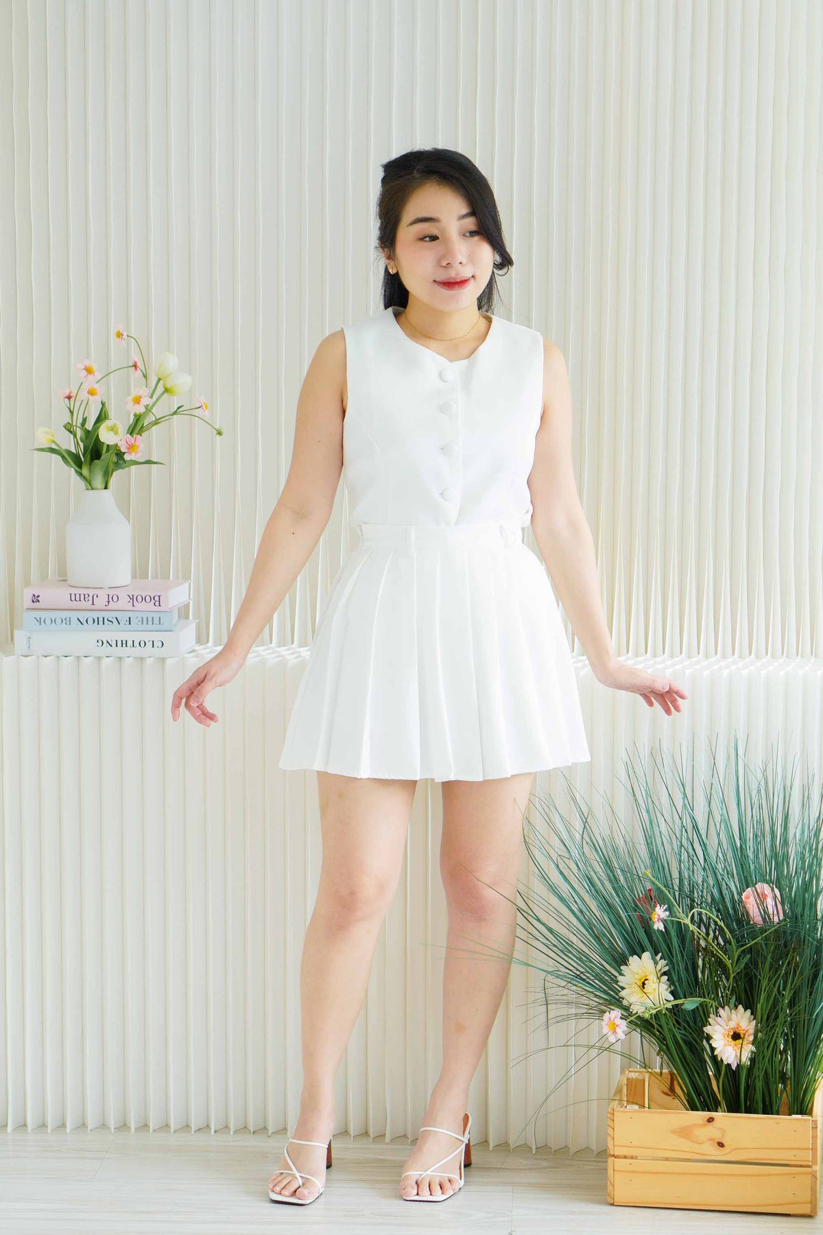 Bryla Vest and Pleated Skirt 2 Piece Set in White