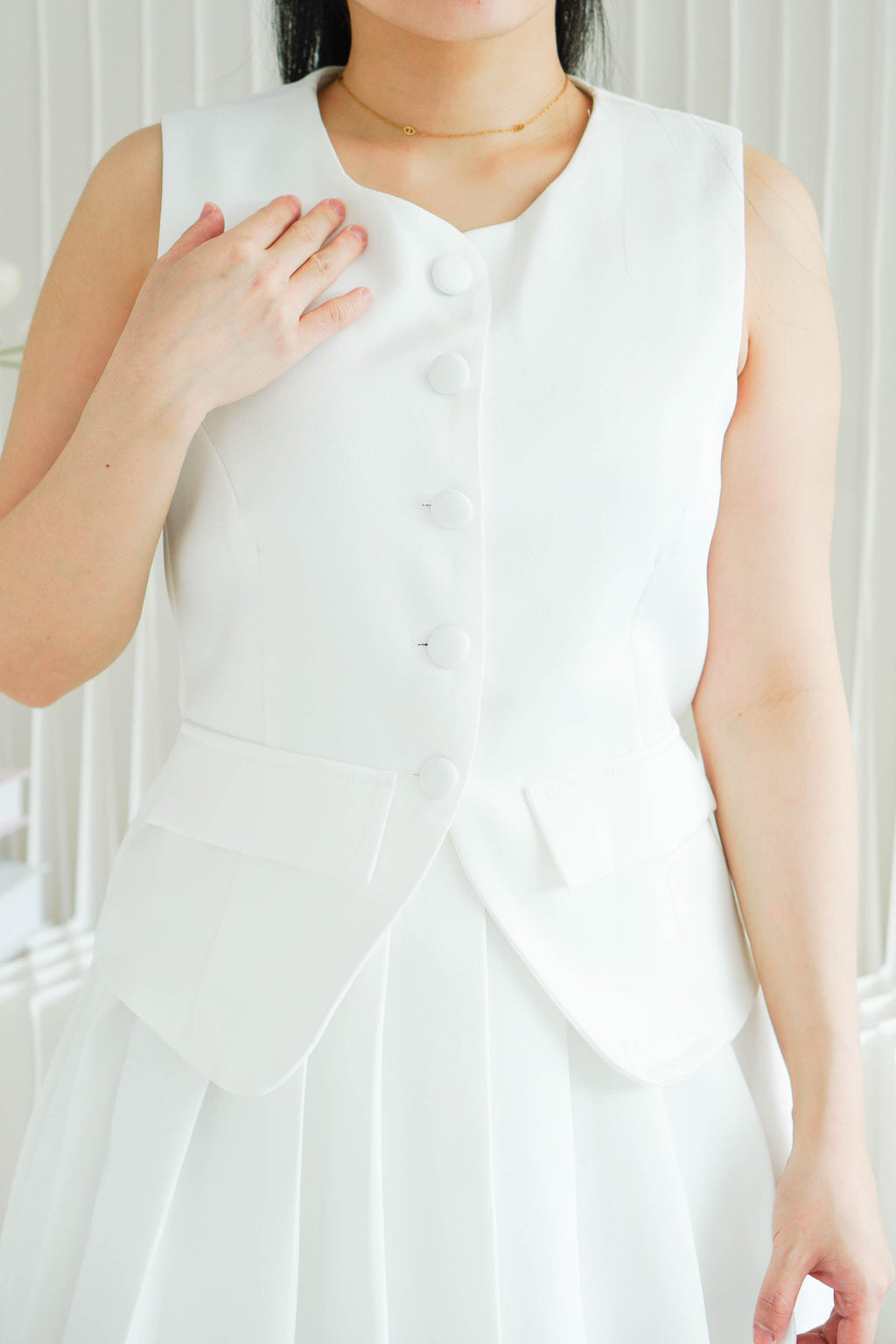 Bryla Vest and Pleated Skirt 2 Piece Set in White