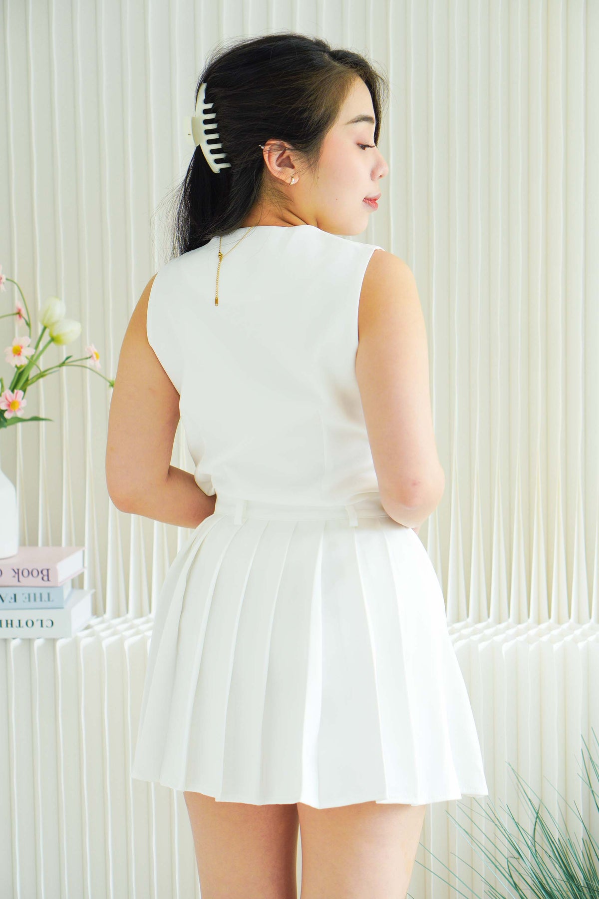 Bryla Vest and Pleated Skirt 2 Piece Set in White