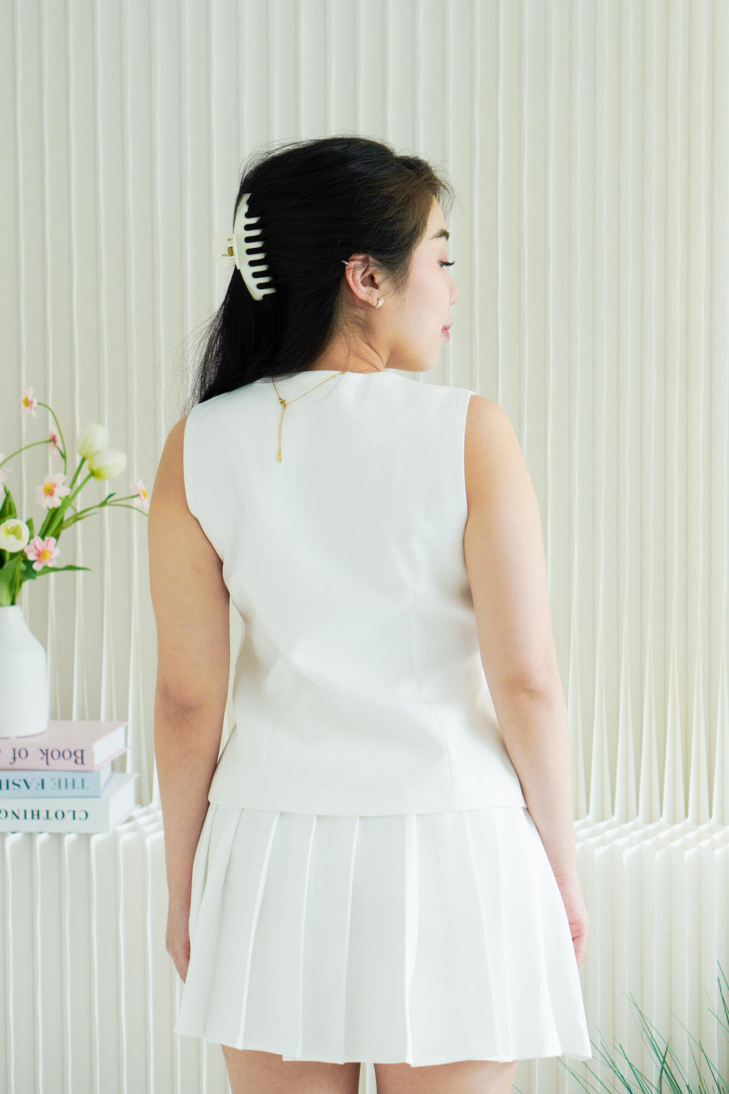 Bryla Vest and Pleated Skirt 2 Piece Set in White