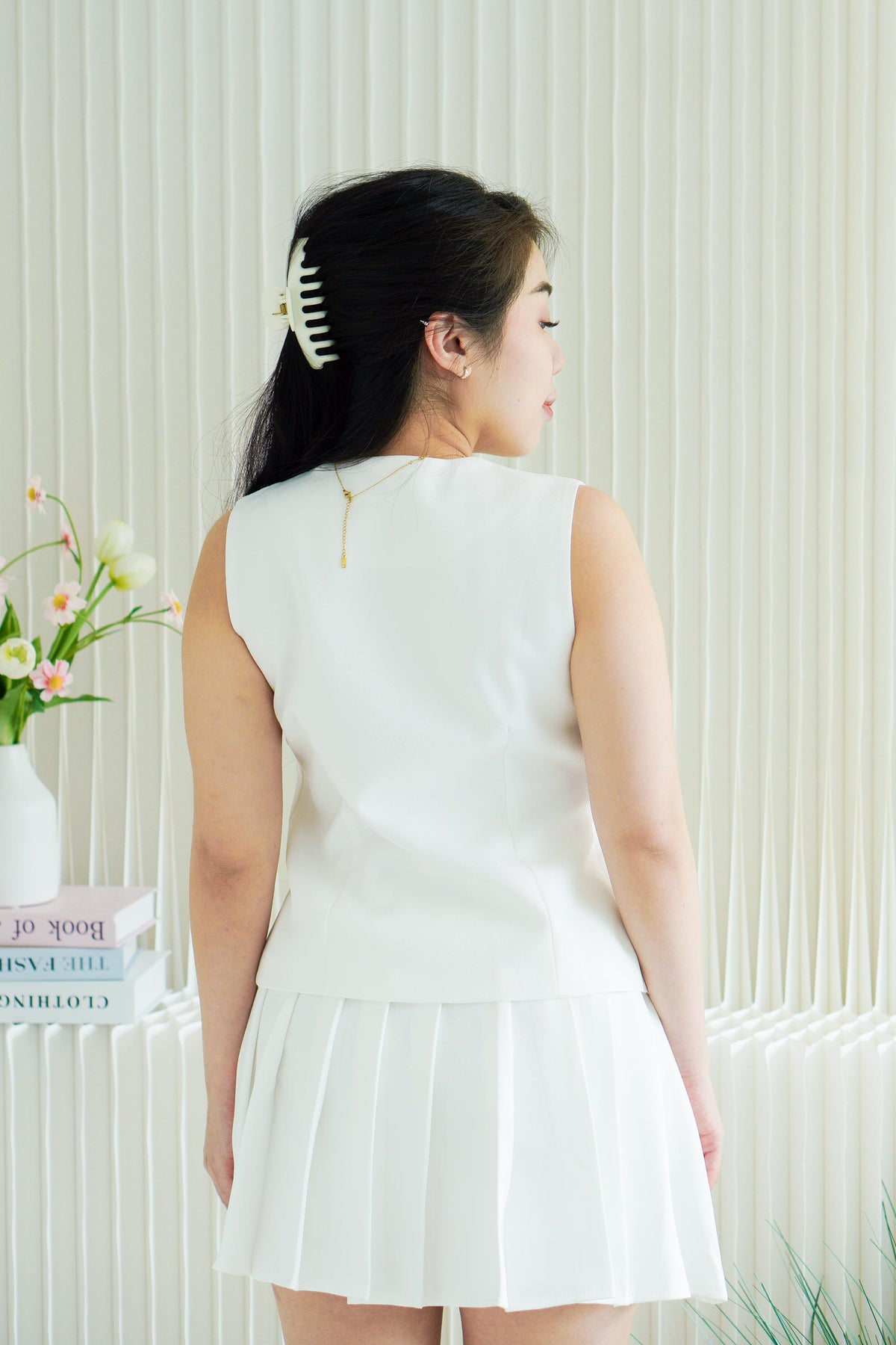 Bryla Vest and Pleated Skirt 2 Piece Set in White