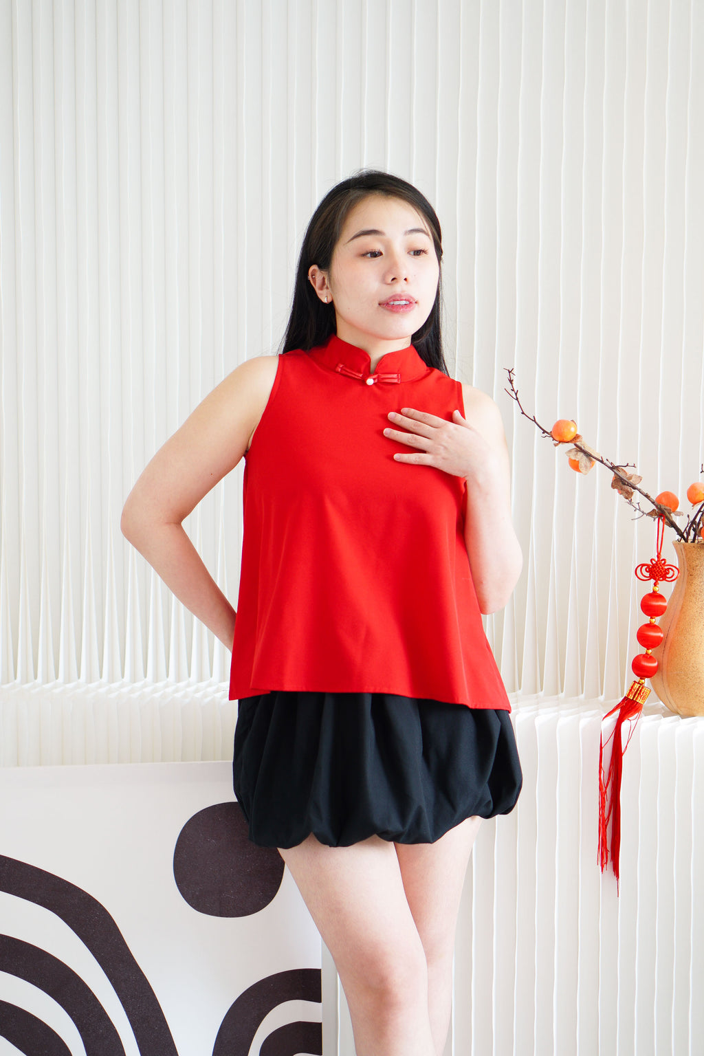 Hong Li Plain High Neck Cheongsam Top in Red
