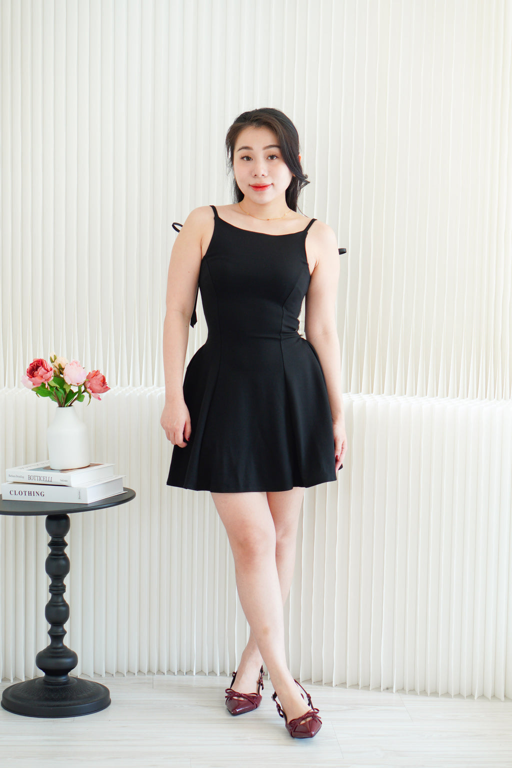 Cressida A-line Structured Mini Dress with Ribbon in Black