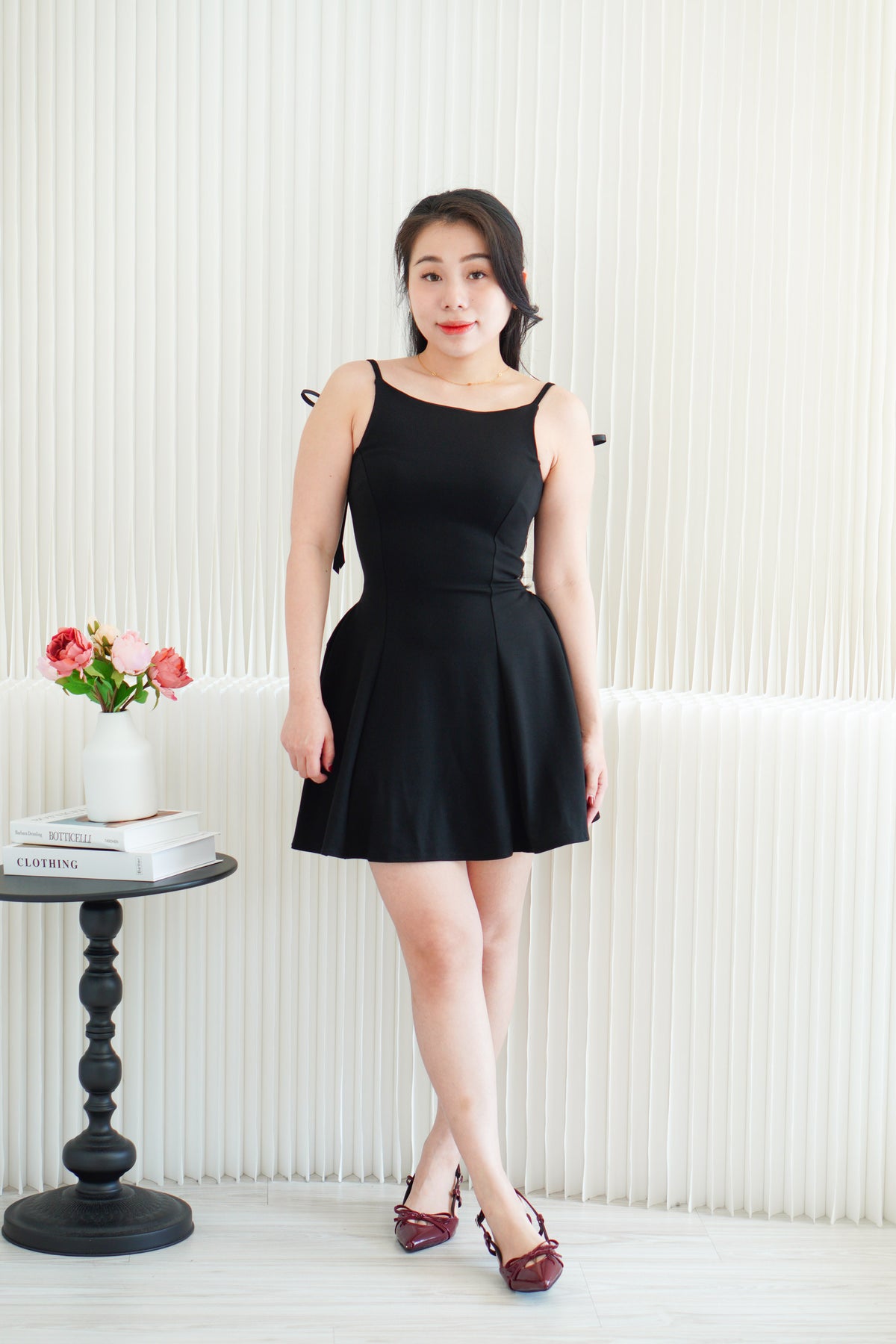 Cressida A-line Structured Mini Dress with Ribbon in Black