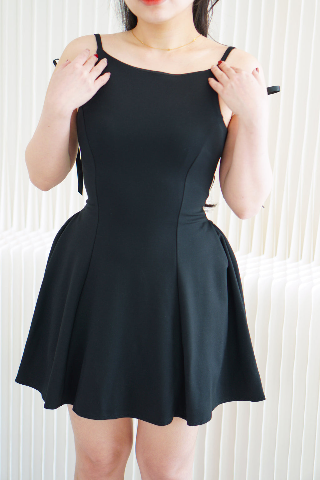 Cressida A-line Structured Mini Dress with Ribbon in Black