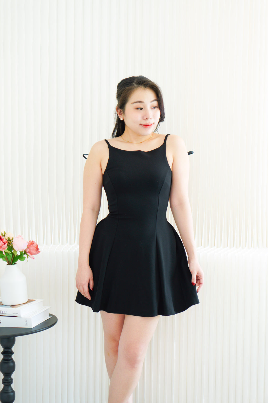 Cressida A-line Structured Mini Dress with Ribbon in Black