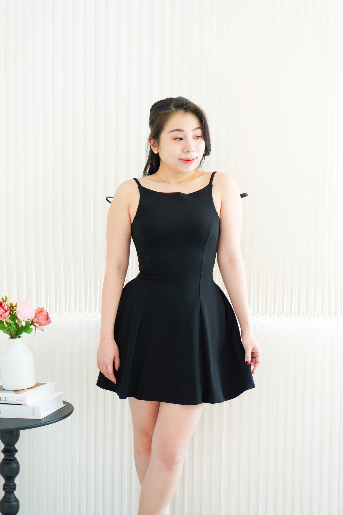 Cressida A-line Structured Mini Dress with Ribbon in Black