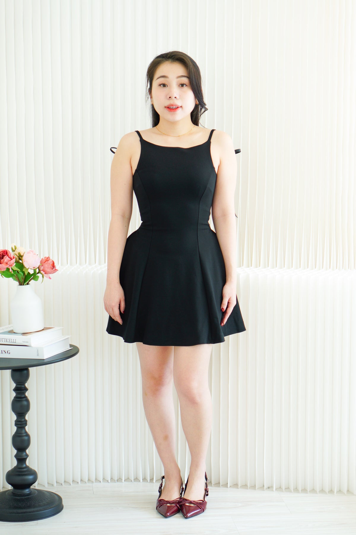 Cressida A-line Structured Mini Dress with Ribbon in Black