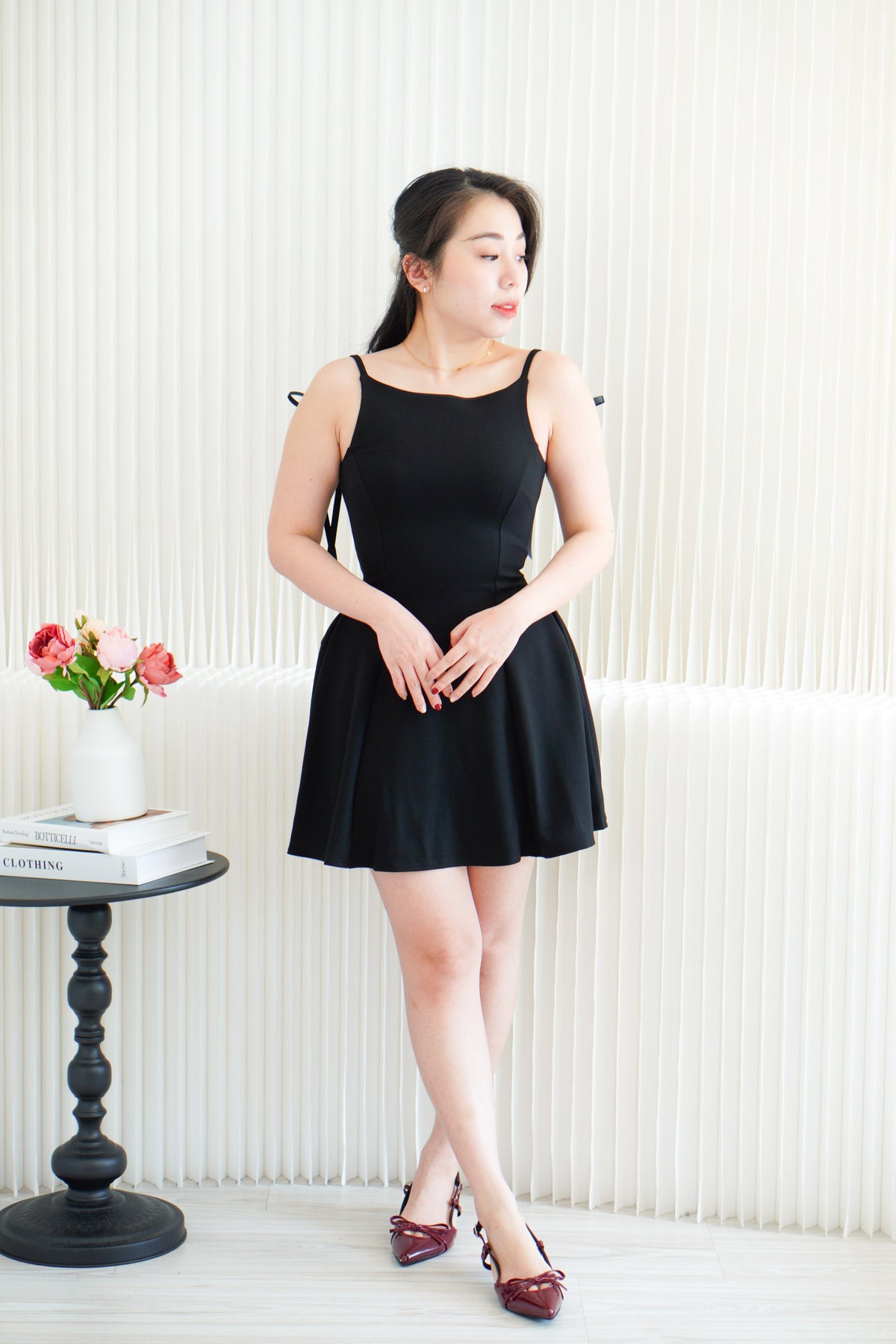 Cressida A-line Structured Mini Dress with Ribbon in Black
