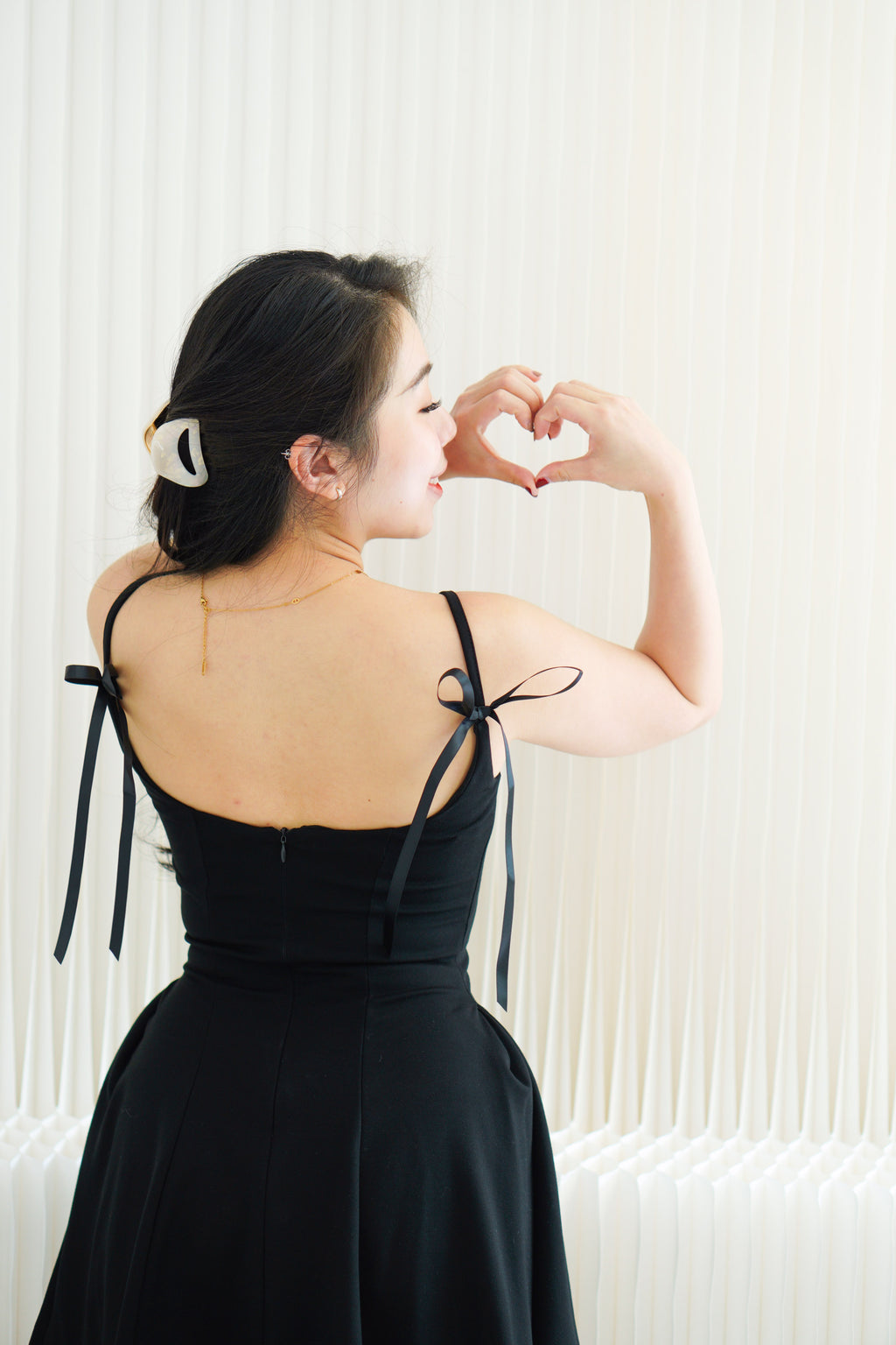 Cressida A-line Structured Mini Dress with Ribbon in Black