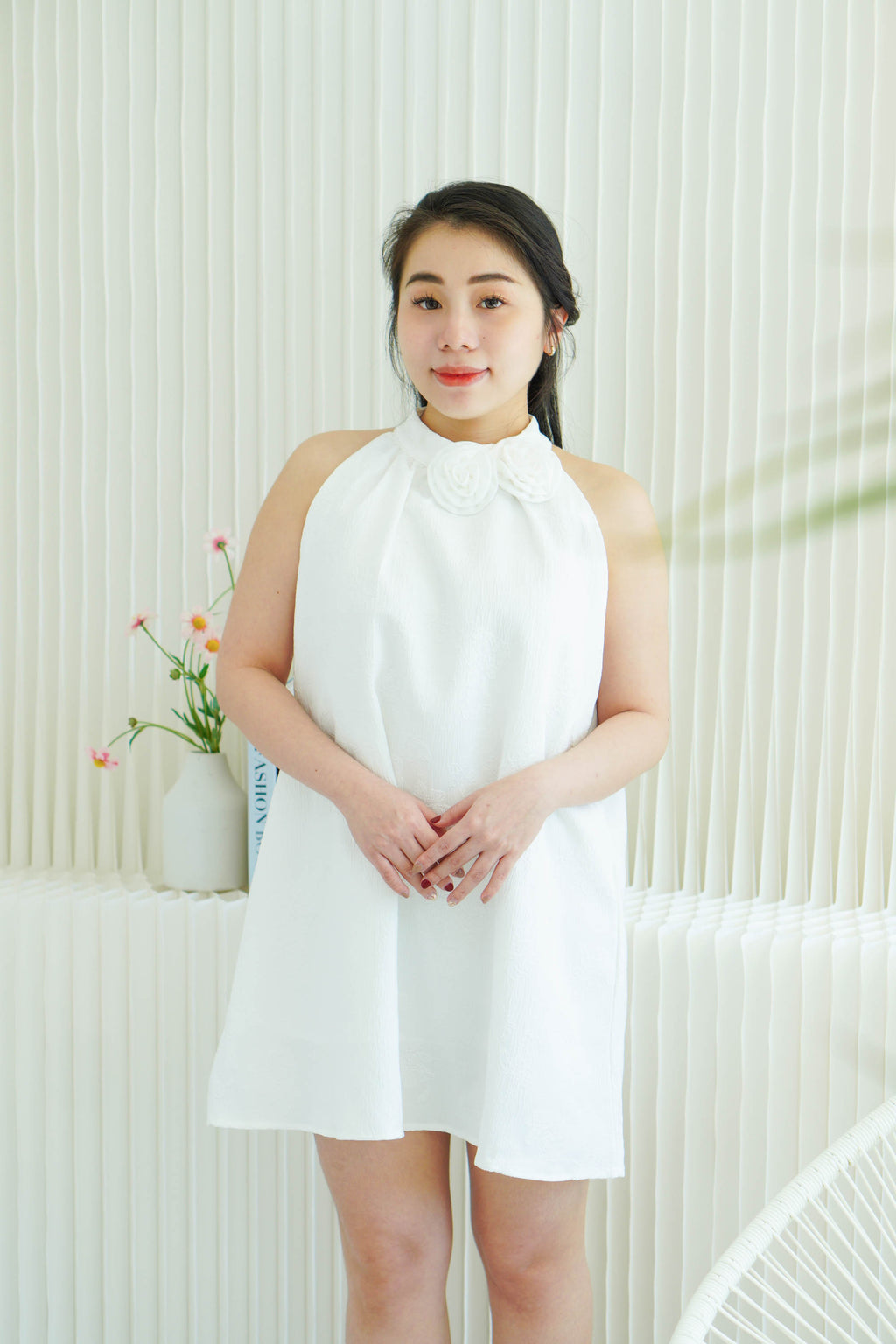 Last White Rose High Neck Mini Dress in White