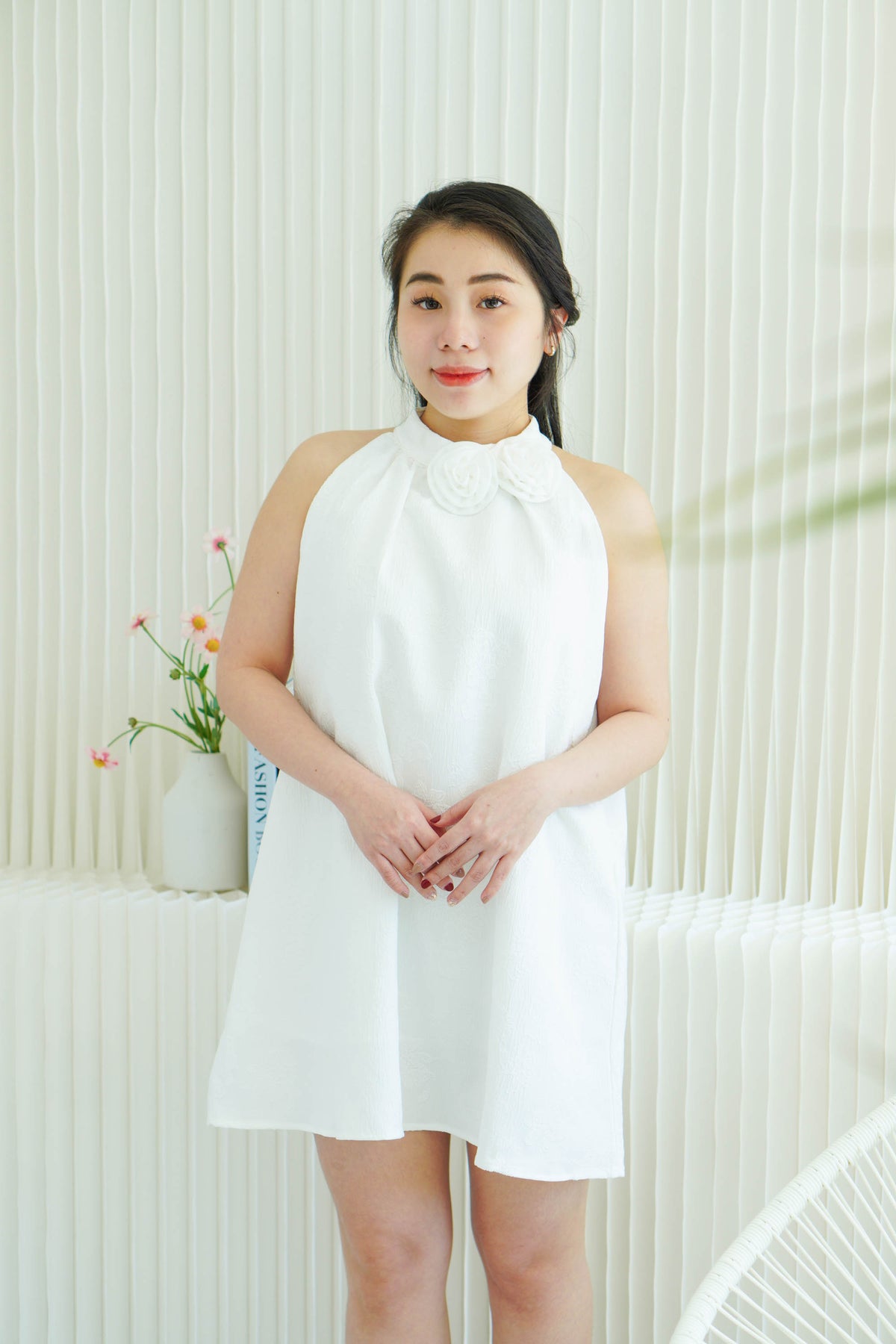 Last White Rose High Neck Mini Dress in White