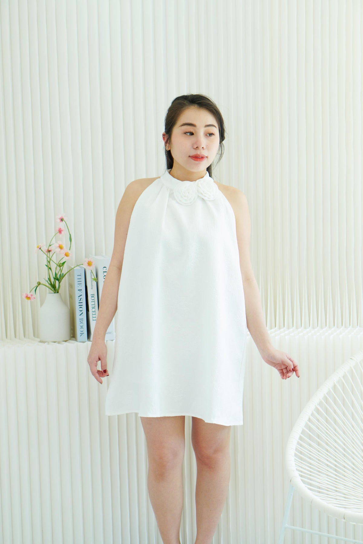 Last White Rose High Neck Mini Dress in White