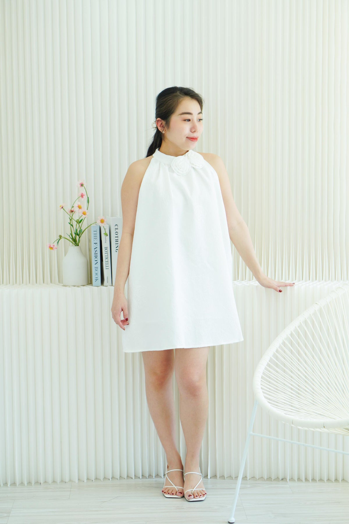 Last White Rose High Neck Mini Dress in White