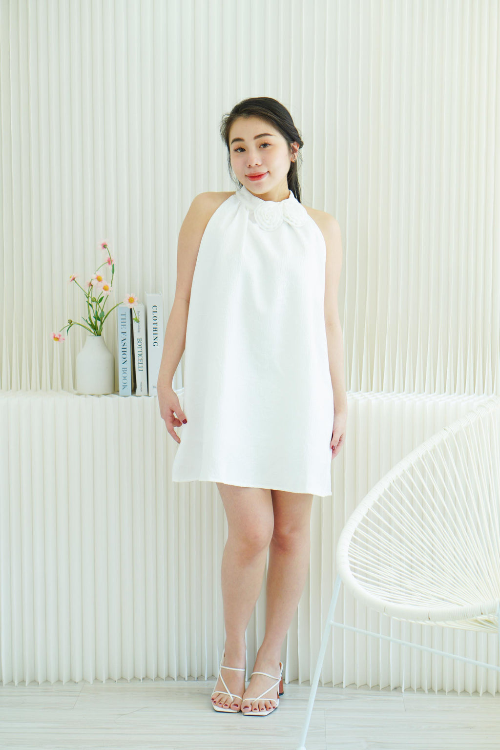Last White Rose High Neck Mini Dress in White