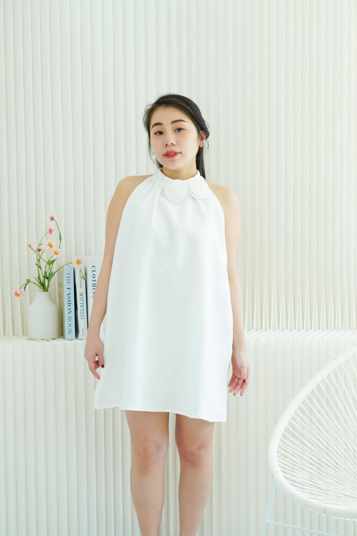 Last White Rose High Neck Mini Dress in White