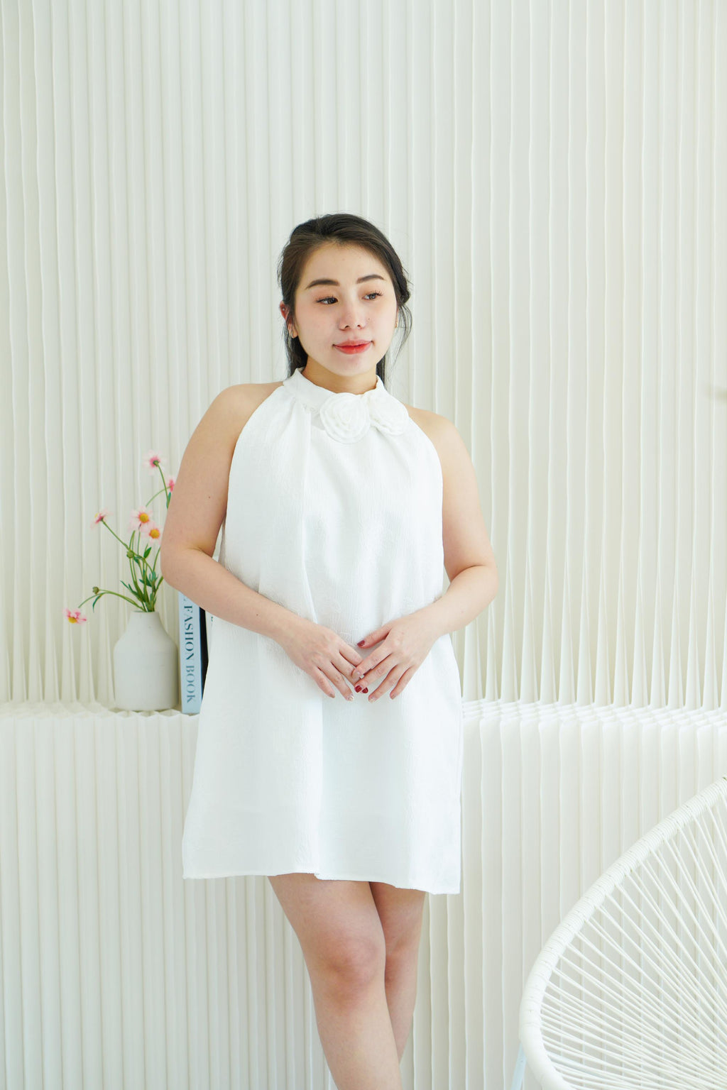 Last White Rose High Neck Mini Dress in White