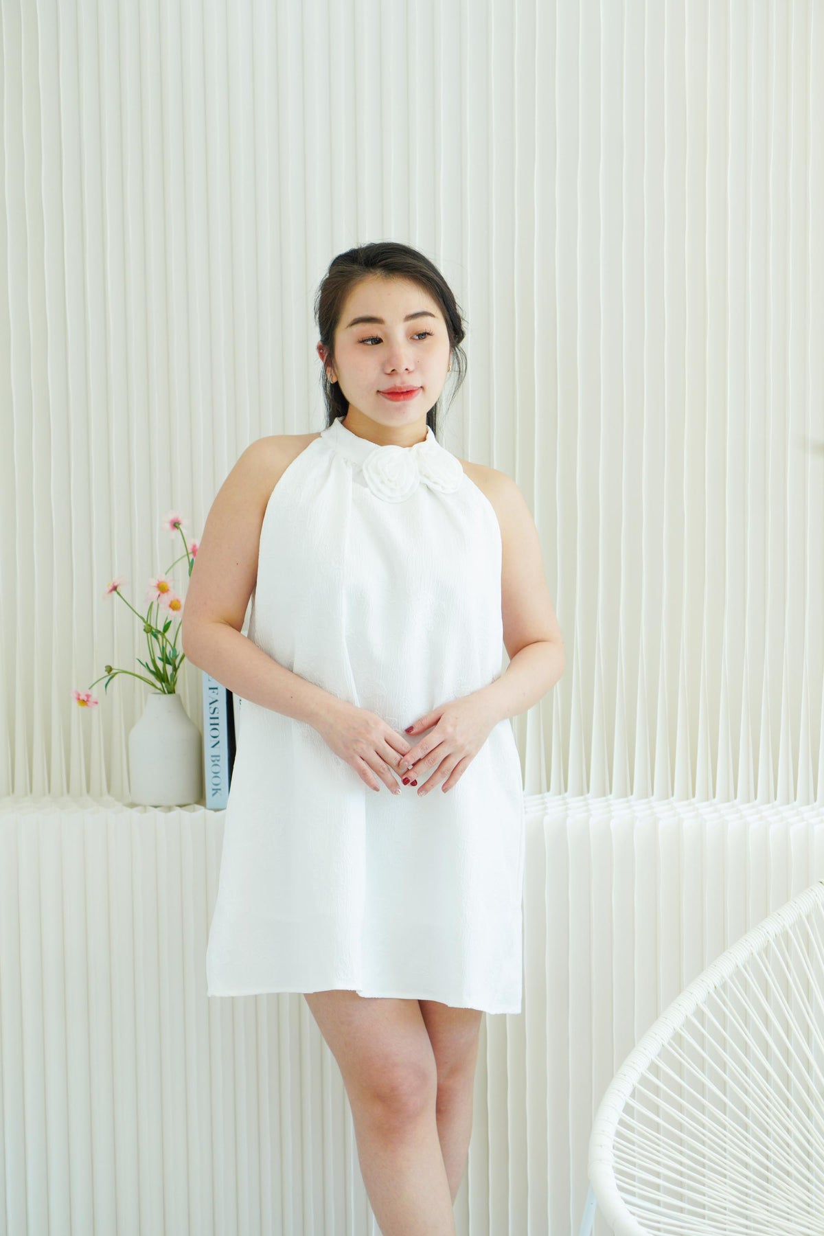 Last White Rose High Neck Mini Dress in White
