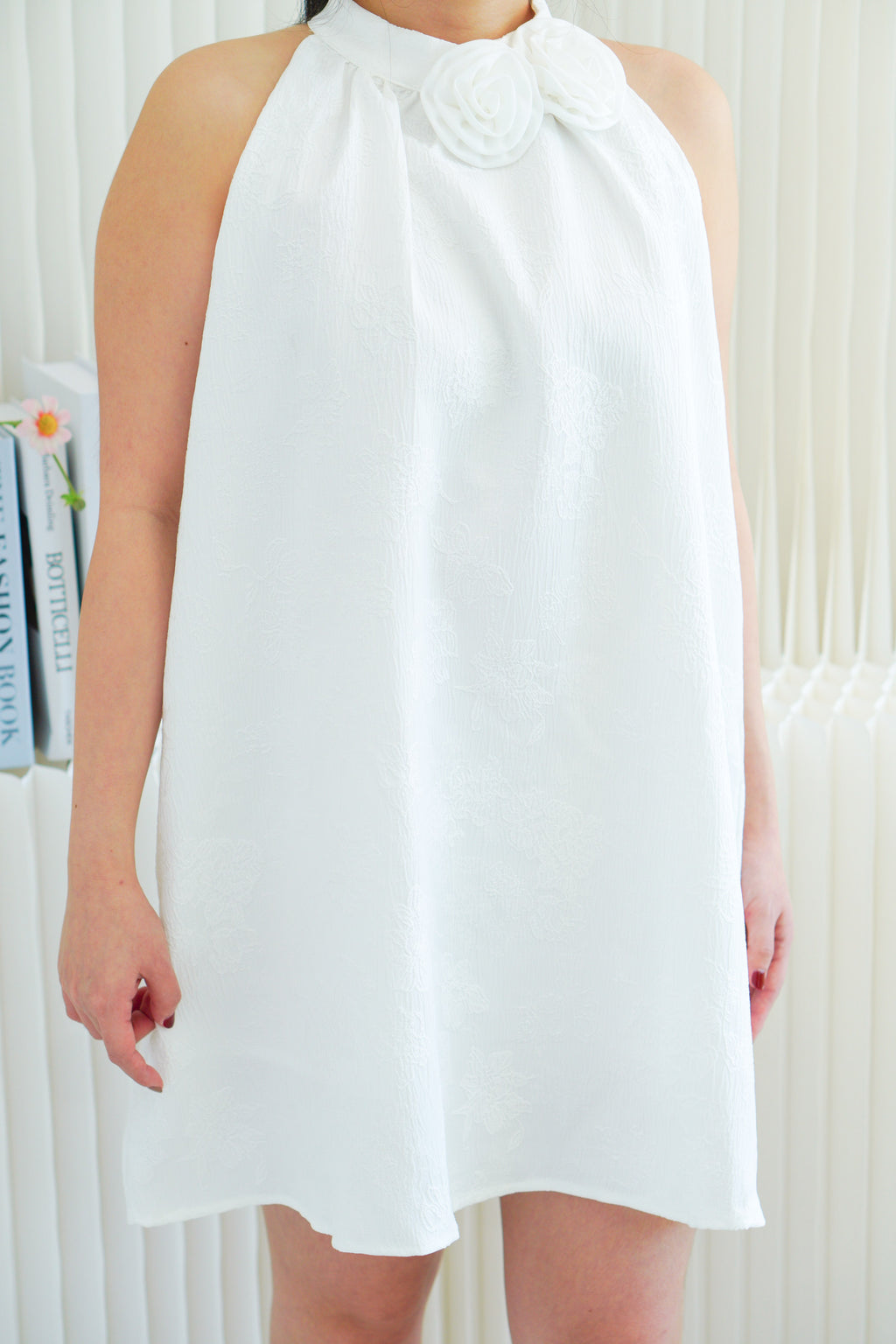 Last White Rose High Neck Mini Dress in White