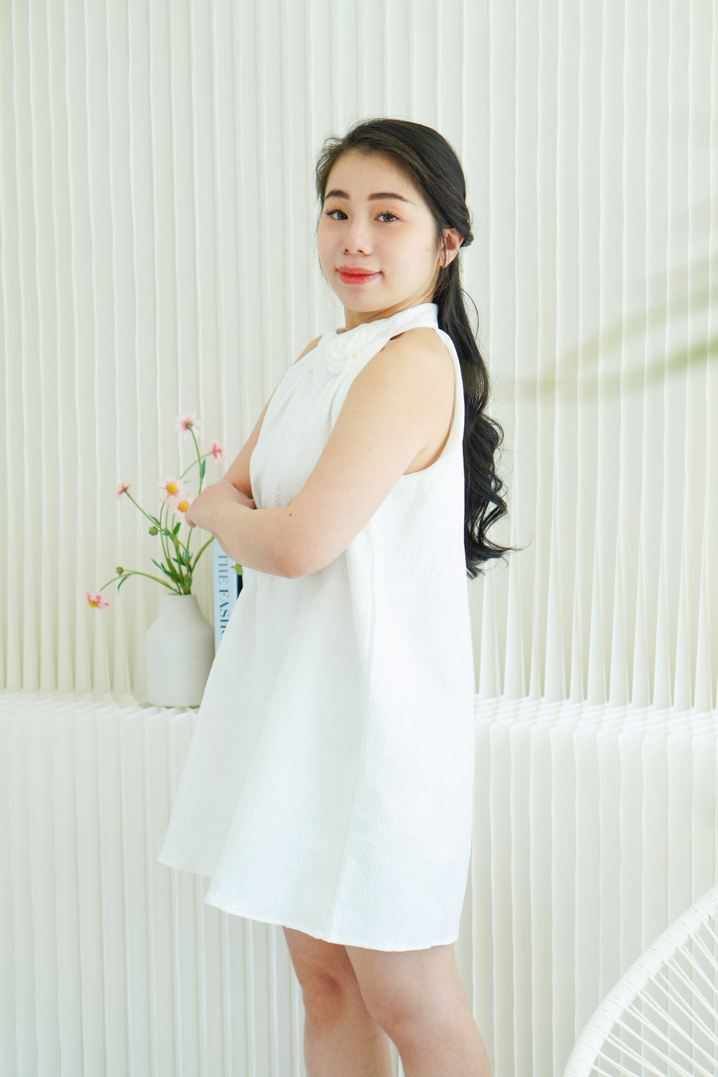 Last White Rose High Neck Mini Dress in White