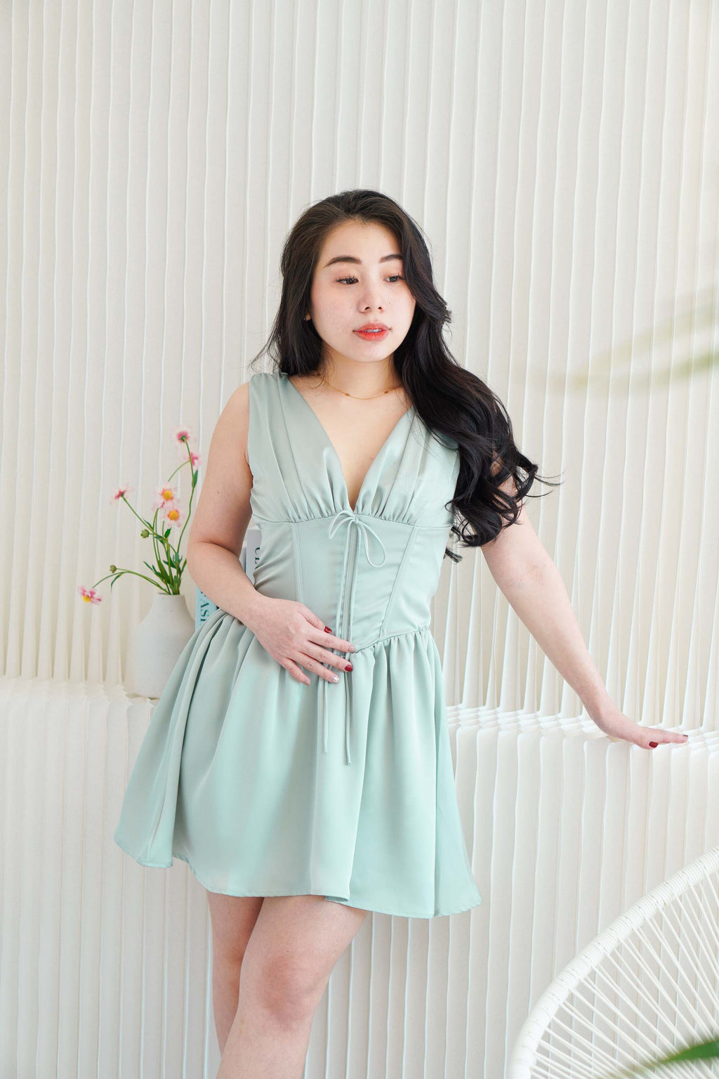 Blush Me V Neck Corset Satin Mini Dress in Green