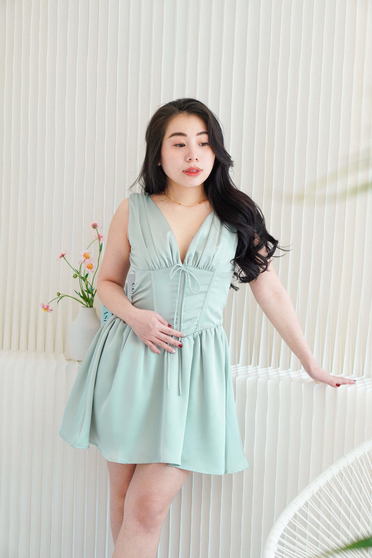 Blush Me V Neck Corset Satin Mini Dress in Green