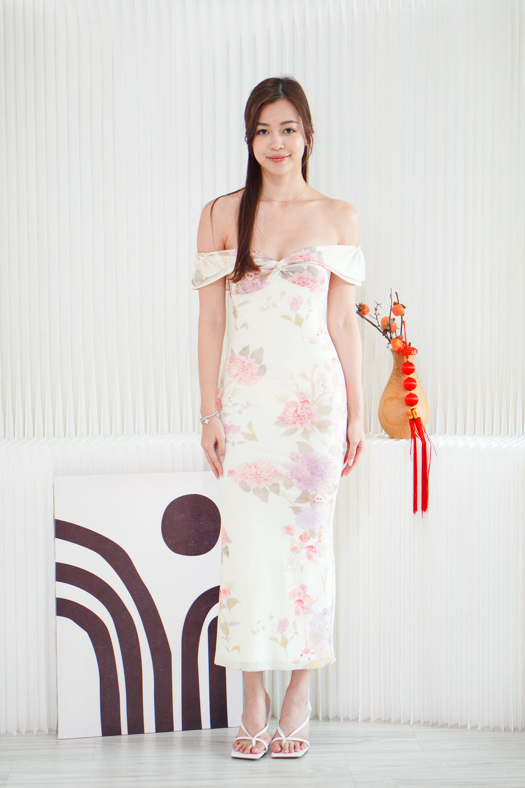 Peony and Dreams Floral Off Shoulder Bodycon Maxi Dress in Cream