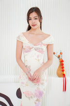 Peony and Dreams Floral Off Shoulder Bodycon Maxi Dress in Cream