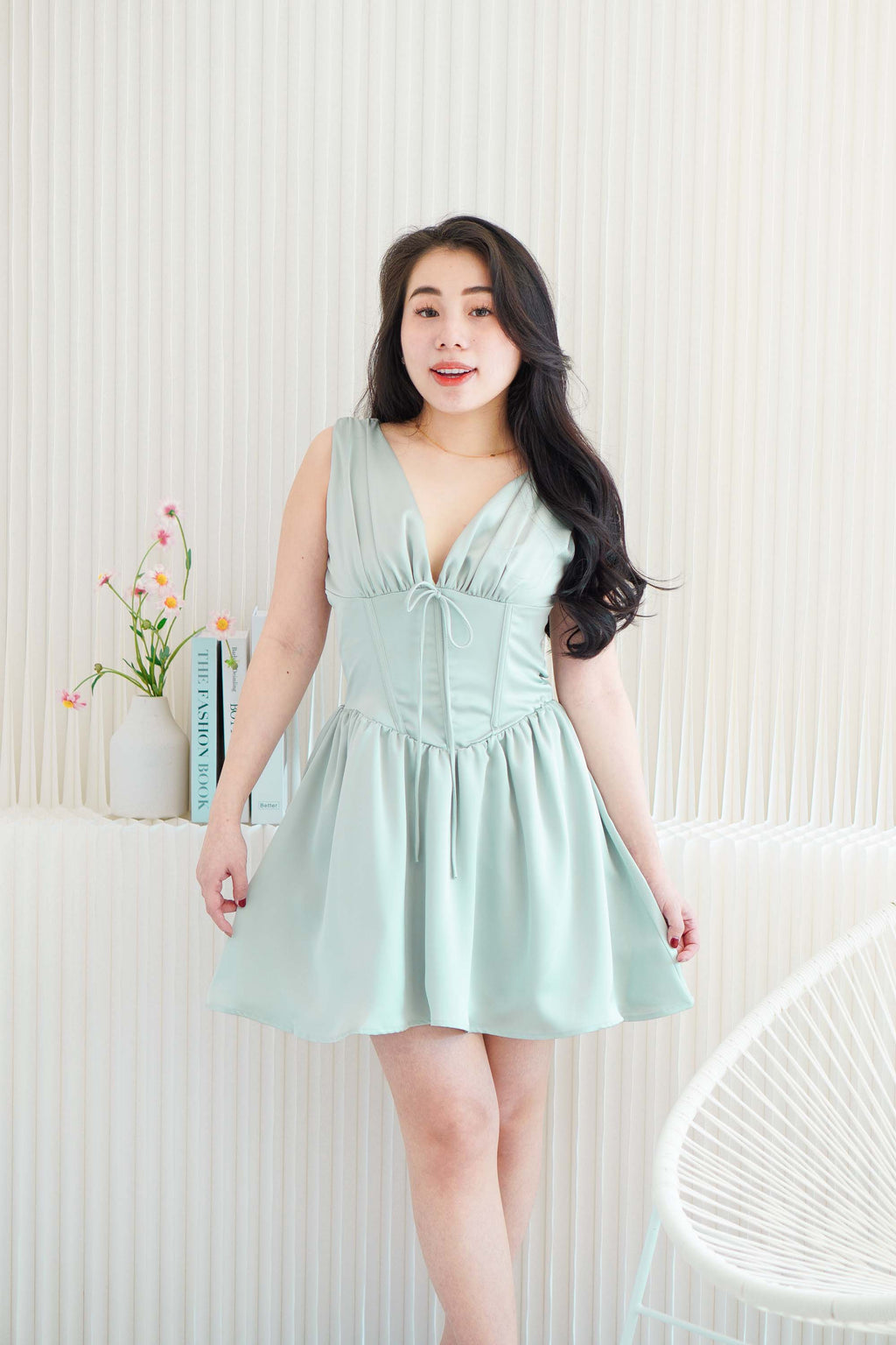 Blush Me V Neck Corset Satin Mini Dress in Green