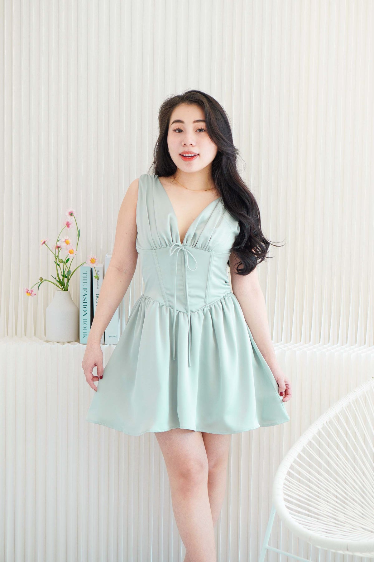 Blush Me V Neck Corset Satin Mini Dress in Green