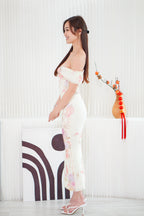 Peony and Dreams Floral Off Shoulder Bodycon Maxi Dress in Cream