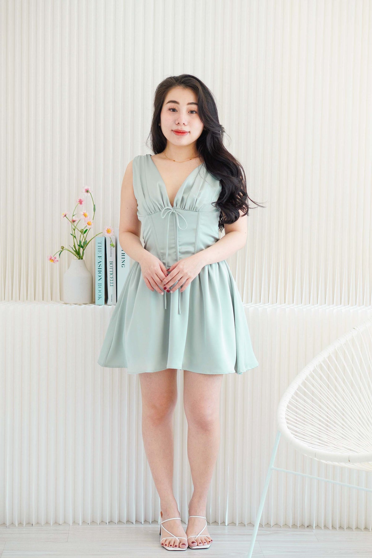 Blush Me V Neck Corset Satin Mini Dress in Green
