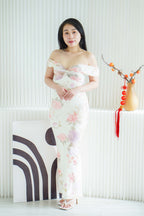 Peony and Dreams Floral Off Shoulder Bodycon Maxi Dress in Cream