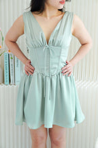 Blush Me V Neck Corset Satin Mini Dress in Green
