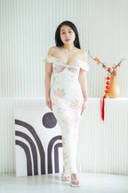 Peony and Dreams Floral Off Shoulder Bodycon Maxi Dress in Cream