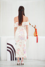 Peony and Dreams Floral Off Shoulder Bodycon Maxi Dress in Cream