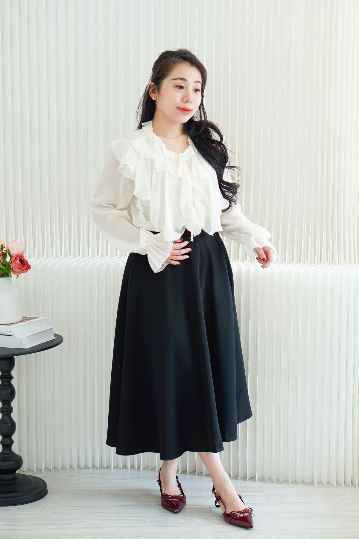 Olivie Ruffle Long Sleeve Blouse Top in Cream