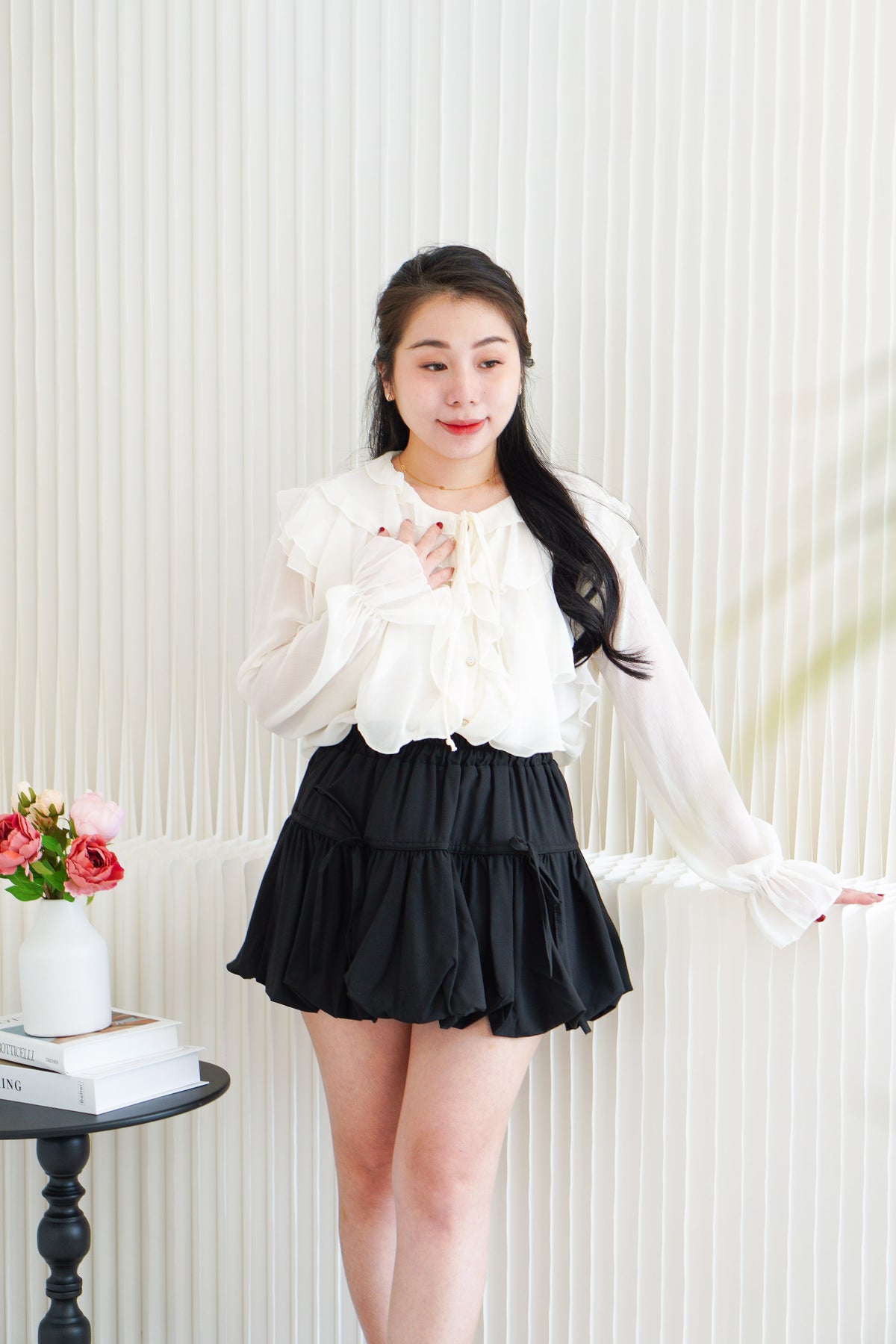Olivie Ruffle Long Sleeve Blouse Top in Cream