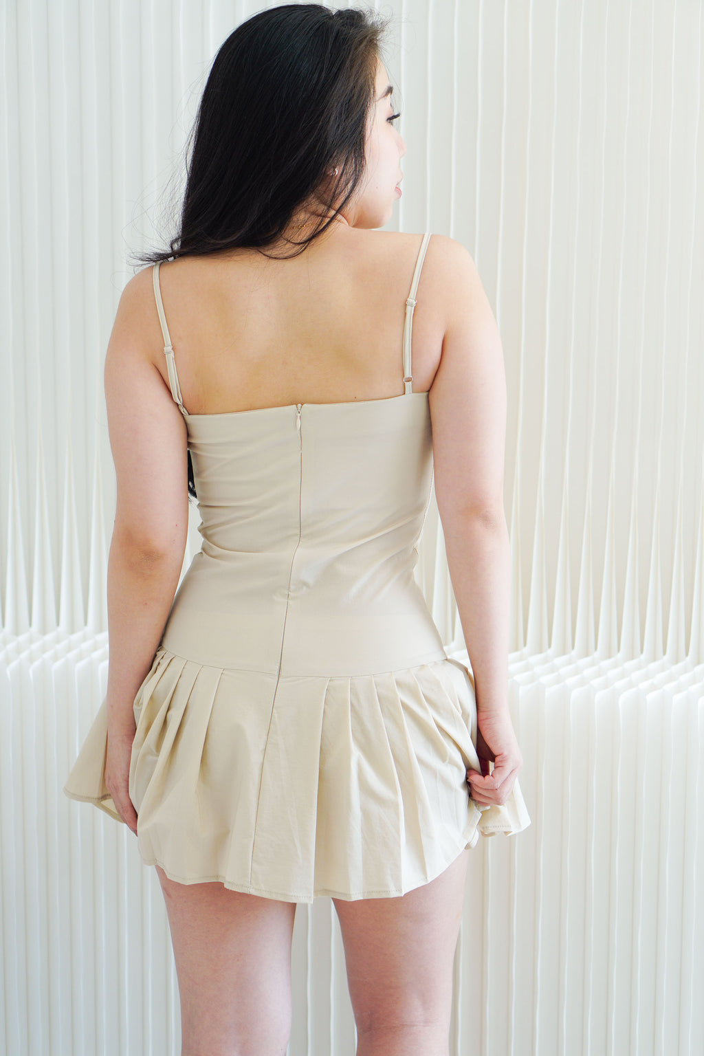 Annelise Bustier Pleated Mini Dress in Khaki