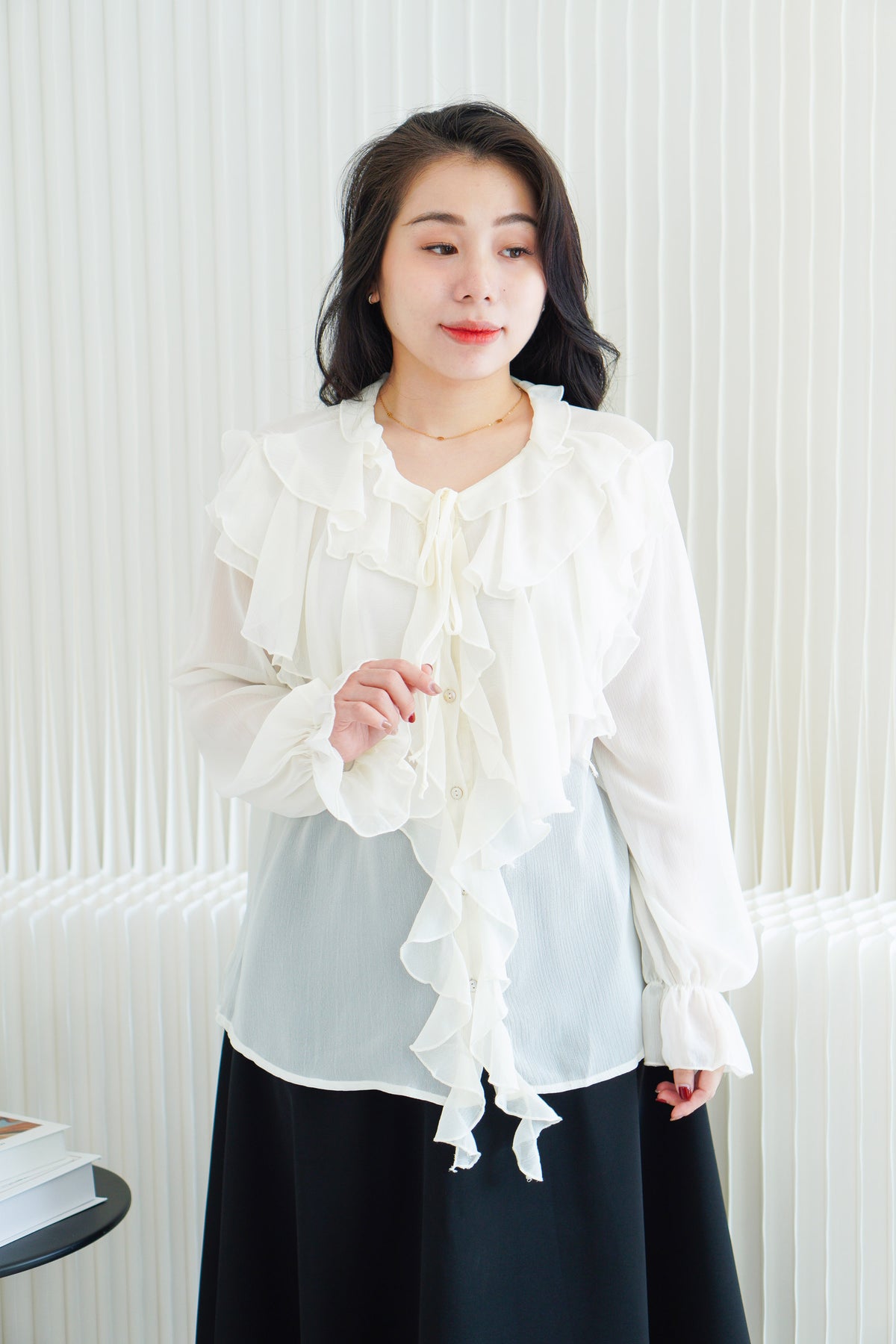 Olivie Ruffle Long Sleeve Blouse Top in Cream