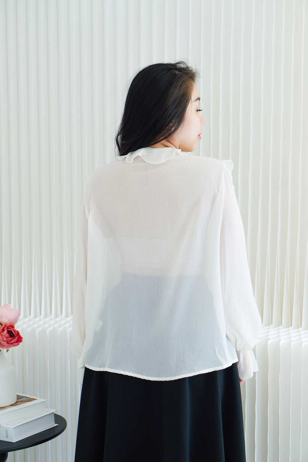 Olivie Ruffle Long Sleeve Blouse Top in Cream
