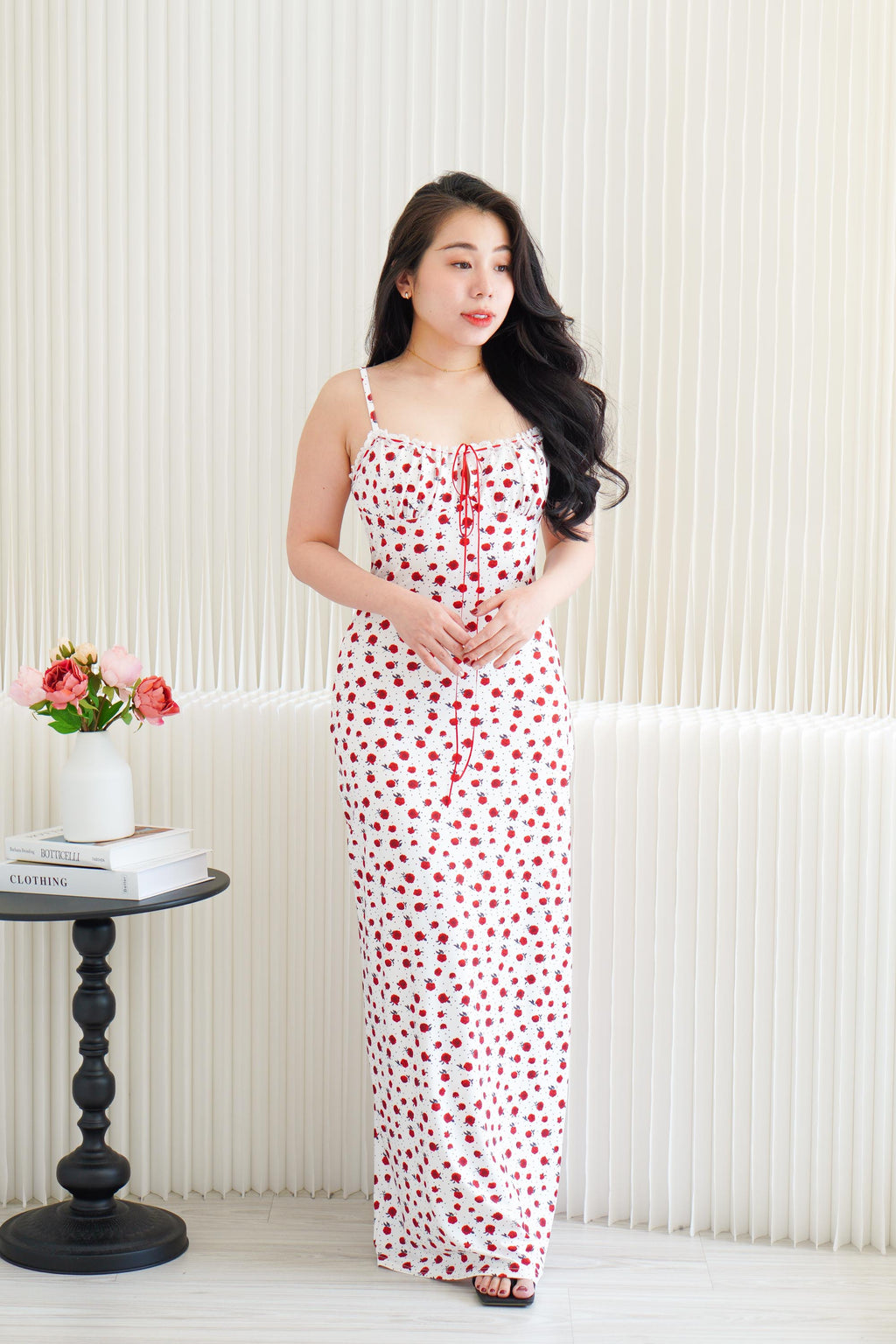 Rose Serenade Maxi Bodycon Dress in White and Red