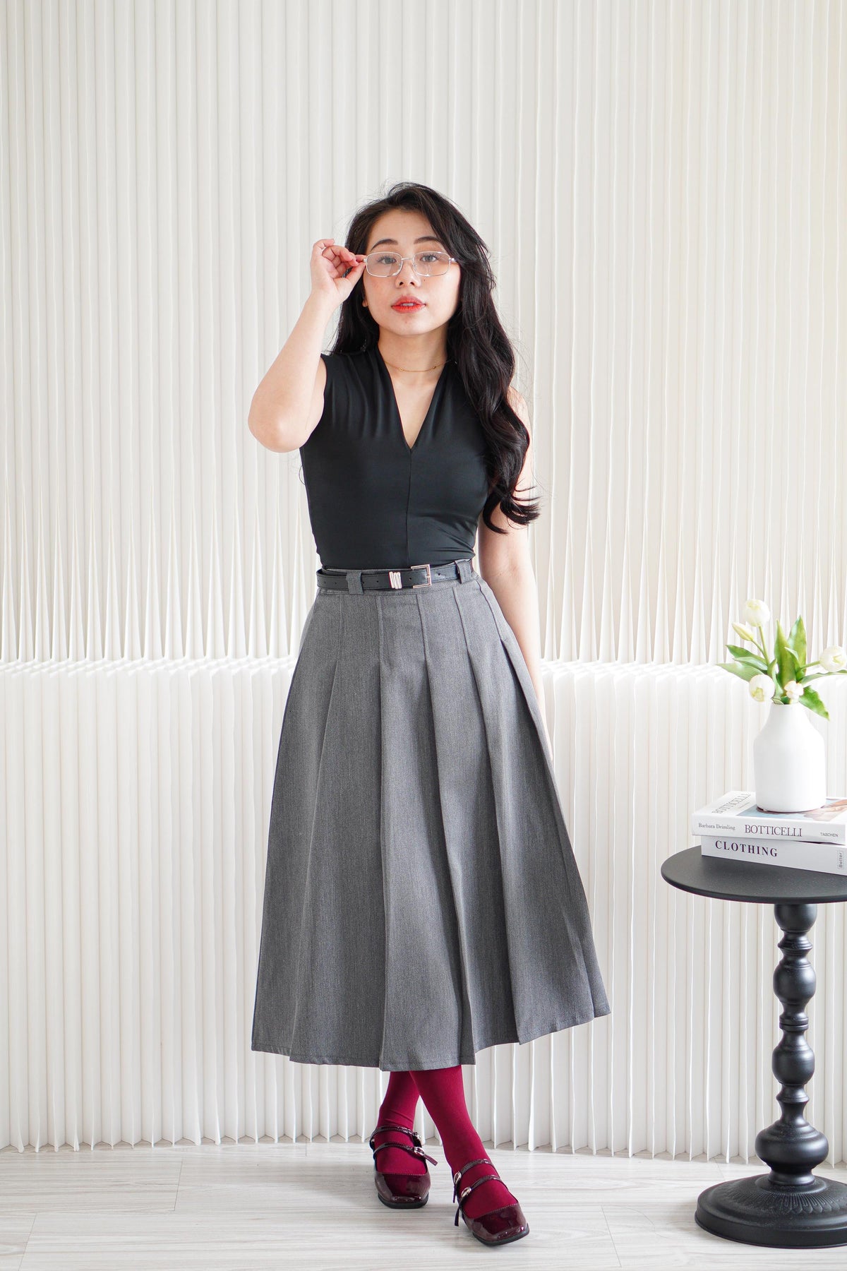 Ziski High Waist Maxi Pleated Skirt in Grey