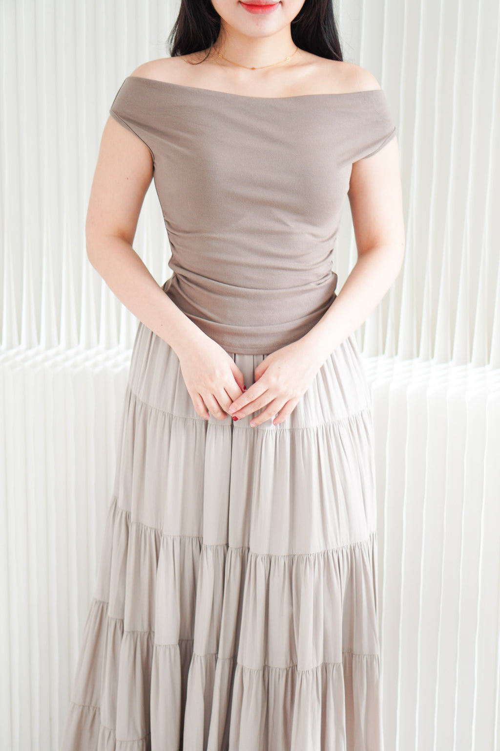 Reika Cowl Neck Ruched Top in Brown