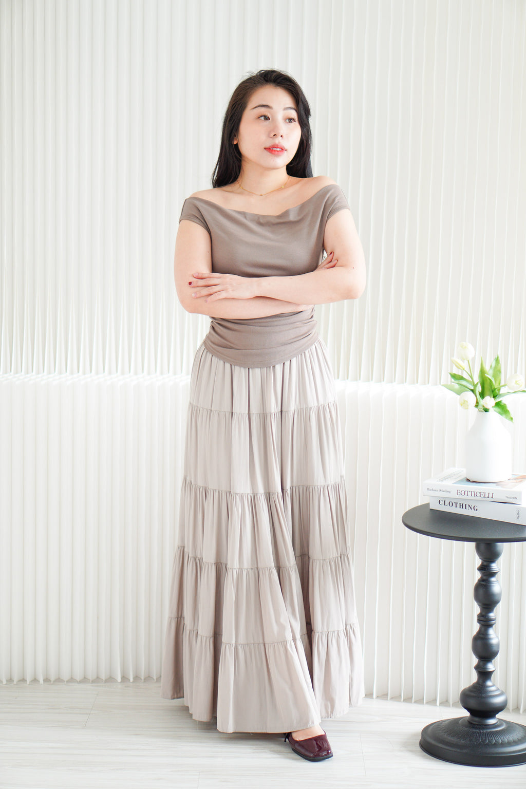 Reika Cowl Neck Ruched Top in Brown