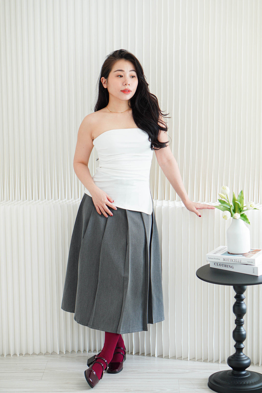Ziski High Waist Maxi Pleated Skirt in Grey