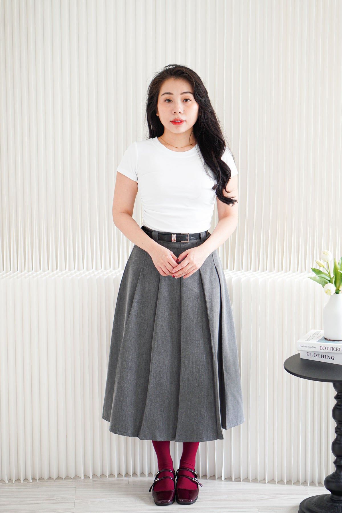 Ziski High Waist Maxi Pleated Skirt in Grey
